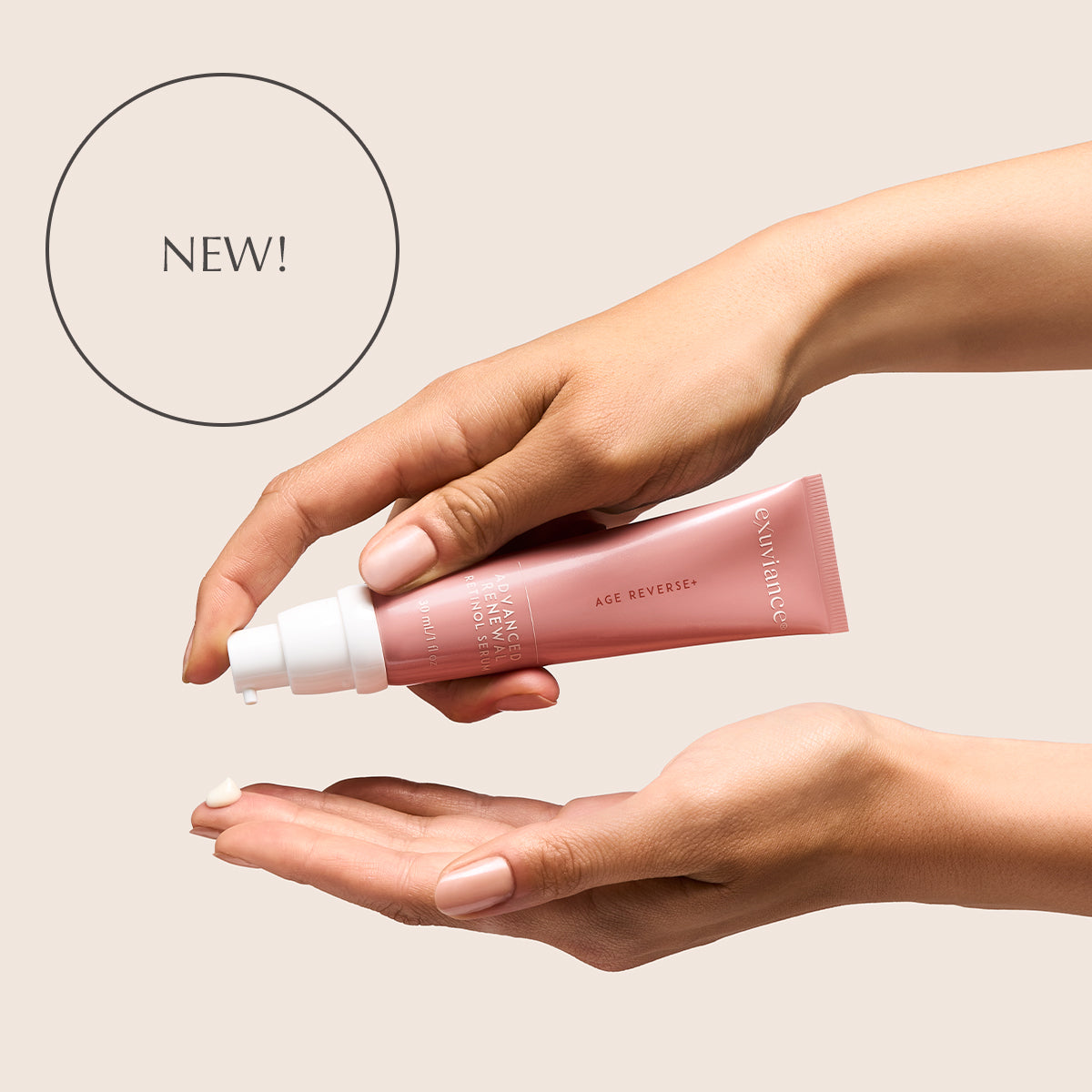 Pair of hands holding Exuviance Advanced Renewal Retinol against a beige background.